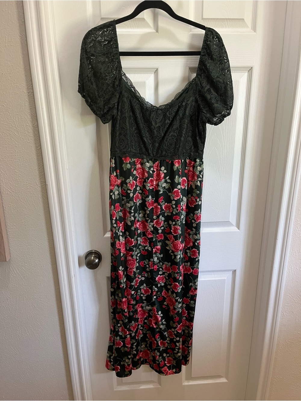 Altar'd State Dark Green Lace Top Maxi Dress with Pink Floral Skirt - Picture 6 of 7